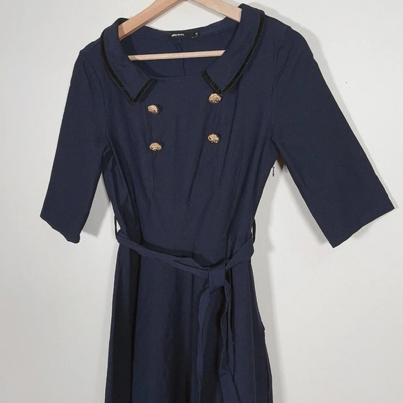 MIUSOL | 3/4 SLEEVE VINTAGE NAVY BELTED RETRO EVENING DRESS - Picture 3 of 13